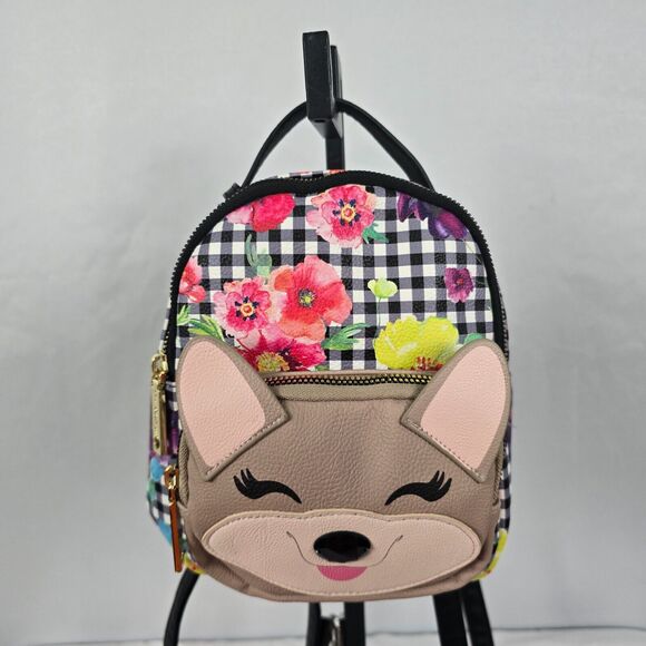Betsey Johnson Mini Backpack Kitsch Check Floral Colorful 8" x 8" x 3" - Picture 1 of 14